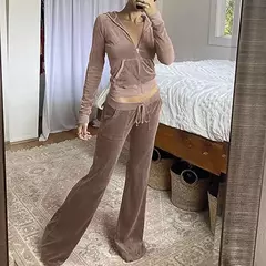 Suéter de veludo veludo de 2 peças para mulheres, calças largas, agasalho slim fit, capuz casual com zíper, jaqueta vintage, moletom