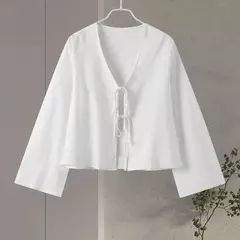 Camisas casuais de linho com renda para mulheres, oco, gola V, blusas de manga comprida, tops para senhora, streetwear, novo, primavera, 2022 - comprar online