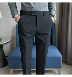 Calça de terno quente de pelúcia masculina, calça monocromática, cintura elástica, formal, negócios, fina, escritório, social, vestido, outono, inverno, 2023 - loja online