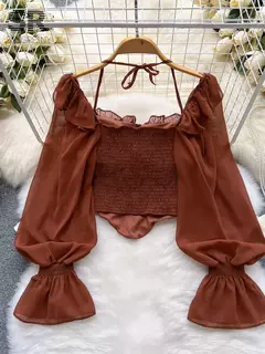 SINGREINY-Blusa Chiffon de Manga Flare para Mulheres, Tops Ruffle, Cintura Elástica Sólida, Halter Backless, Slim Ladies, Harajuku Sexy Blusa Curta - loja online