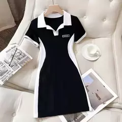 Stand colarinho emagrecimento elegante vestido, bloco de cor Design, barriga cobrir, versátil estudante Design, novo, verão