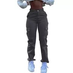 Calças monocromáticas para mulheres, calças simples com zíper frontal, cintura alta, streetwear com vários bolsos, slim fit, moda streetwear, Y2k - Wolf Magazine