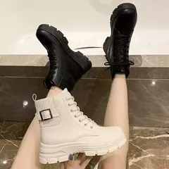 Botas de combate com cordões em couro PU para mulheres, bota branca, sola grossa, sapatos de plataforma, borracha, vaqueiro, fêmea, outono, inverno, novo - loja online