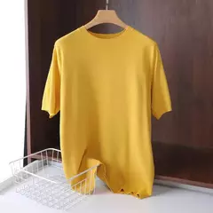 Imagem do Superfino Merino lã camiseta masculina, malha, O-pescoço, respirável, fino Cashmer, manga curta Tee, cor sólida Tops