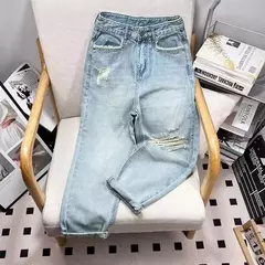 Calça harém feminina de cintura alta na moda, jeans estilo coreano, emagrecedora, solta, rasgada, 9 pontos, nova chegada, outono - comprar online