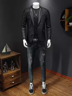 Imagem do Outono 2022 Jaqueta De Couro Falso Motocicleta Turn Down Casacos Preto Jaqueta De Couro Masculina Outwear PU Coats 5XL