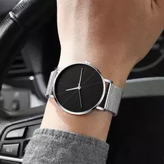 Homens de aço inoxidável quartzo relógio de pulso, prata pulseira relógios, malha cinto, calendário, negócio, luxo, moda - loja online