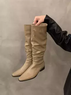 Botas altas para o joelho feminino, sapatos femininos, dobras deslizantes, salto baixo, dedo do pé redondo, plano, longo, moda, outono, inverno - comprar online