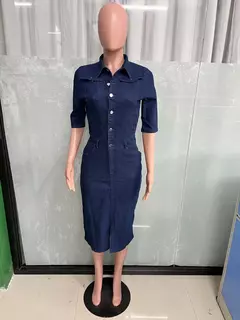 Vestido feminino de comprimento médio com botões elásticos, saia jeans, saia de quadril, manga curta, tendência, outono