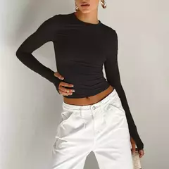 Top feminino de gola redonda manga longa com furos no polegar, camiseta monocromática, slim fit, streetwear diário, moda verão - comprar online