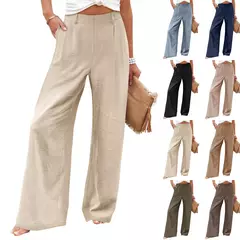 Calça larga de linho de algodão feminina, comprimento total, casual, monocromática, solta, cintura alta, reto, botão, verão - Wolf Magazine