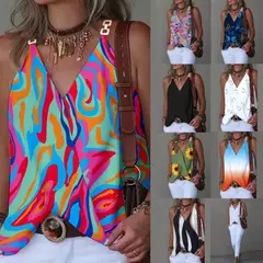 Camisola de alças sem mangas estampada listrada feminina, gola em v com fivela de metal, pulôver solto, blusa feminina, verão, 2024 - loja online