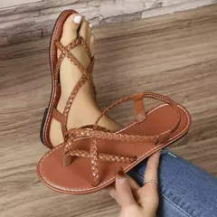 Imagem do Sandálias planas para as mulheres, cor sólida sandálias de praia tecidas, sandálias flip-toe, novo verão 2024