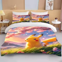 Pokémon Pikachu Bulbasaur Conjunto de cama macio impresso, Capa de edredão, 1 Capa de edredão, 2 Fronhas, Adultos e Crianças, Luxo