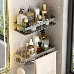 Wall Mounted 2-Tier prateleira flutuante para banheiro, sem broca, Shampoo Holder, prateleiras para cozinha, Hardwares Organizer - comprar online