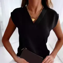 Blusa simples de manga curta com decote em v feminina, tops elegantes do escritório, camisas casuais, roupas femininas, verão, 25684, 2024 - loja online