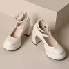 Marie Janes-Salto alto raso para mulheres, sapatos de vestido elegantes, bombas grossas, festa, nova marca, moda feminina