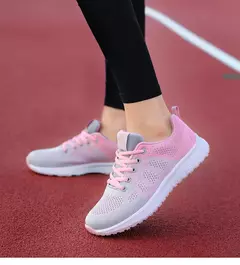 Sapatilhas femininas com cordões em malha respirável, sapatos casuais, sapatos de caminhada, tênis plano, rosa, preto, branco - loja online