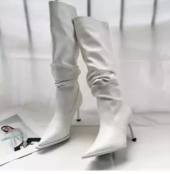 Botas femininas plissadas pontiagudas de cano alto, botas de salto fino na moda, botas longas abaixo do joelho, outono, 2024 - Wolf Magazine