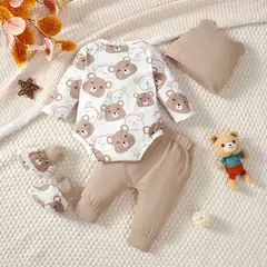 Conjunto de bebê menino de 0 a 9 meses, ursinho, manga longa, body + calça + chapéu + meias, 4 tamanhos, roupas de bebê primavera outono recém-nascido - Wolf Magazine