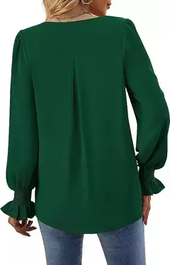 Nova camisa feminina de chiffon de cor sólida com decote em v pulôver queimado manga comprida camisa superior senhora do escritório elegante cáqui blusas soltas - Wolf Magazine