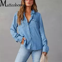 Camisa jeans fina de peito único feminina, bolso de emenda, manga longa, tops de lapela, confortável, blusa casual para mulheres, outono