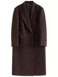 DUSHU-casaco longo de lã de peito duplo para mulheres, design chique, casaco de lã feminino, café escuro, cor marrom, sentido retrô, inverno, 2023