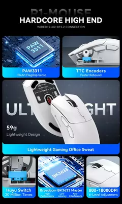 Mouse sem fio Bluetooth Gaming, Pixel Art, R1 Superlight, 2.4G, Sensor ajustável, 6 DPI ajustável para Office Game - Wolf Magazine