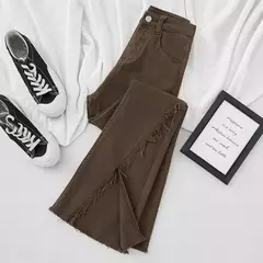Fenda Lateral Micro Flared Jeans, Jeans de Cintura Alta, Calças Franjas Emagrecedoras, Cor Café, Fundo de Sino, Marrom, Novo, Primavera, Outono, 2022 na internet