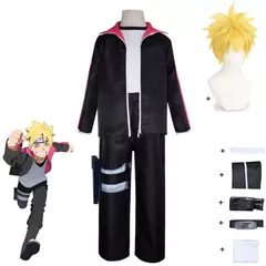 Anime uzumaki boruto cosplay traje ninja preto mangas compridas casaco calças peruca adulto crianças homem mulher halloween carnaval terno