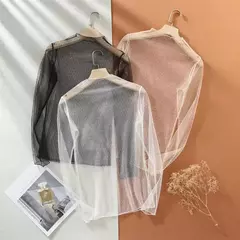 Top de mangas compridas transparente ultrafino feminino, casaco feminino com renda, monocromático, gola simulada, camisa feminina visível, primavera, verão na internet