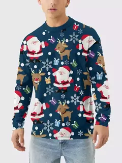 Feliz Natal camiseta de manga longa masculina, estampa 3D, padrão engraçado de Papai Noel, tamanho grande, tops, roupas