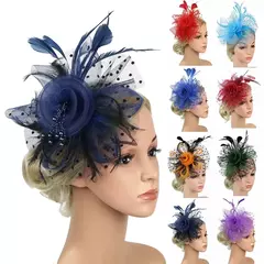 Chapéu Fascinator para Mulheres, Tea Party Headband, Coquetel De Casamento Malha, Penas De Flores, Grampo De Cabelo