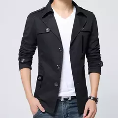 Trench coat masculino de algodão puro, blusão azul, sobretudo longo e fino, gola virada para baixo, jaqueta casual, New Wash, outono