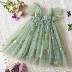 Vestido de malha bordado feminino, Alça de fada, Asas de arco traseiro, Princesa, Aniversário, Doces Bebés, Verão