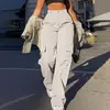 Calça de perna larga feminina, bolso com aba de rua, detalhes da fivela lateral, calças paraquedas hip hop, moda Y2K