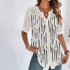 Imagem do Temperamento casual rendas mulher camisa moda solta camisa mulher elegante manga curta blusa férias fim de semana