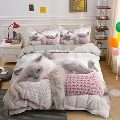 Imagem do Conjunto de cama 3D gato para meninas e meninos, edredão de poliéster, fronha,