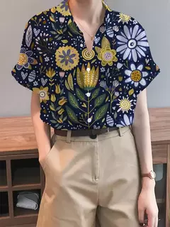 Camisa feminina colorida em 3D com estampa floral, tops de manga curta, botão, gola elegante, primavera e outono, 2024 - comprar online