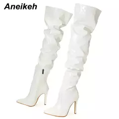 Aneikeh-Botas Chelsea de couro acima do joelho para mulheres, salto alto fino, zíperes laterais, sapatos femininos sexy, saltos sólidos, na moda na internet