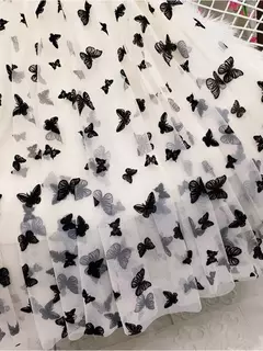 Imagem do Borboleta Flocagem Tule Saia Longa Mulheres Estética Casual A Linha Elástico De Cintura Alta Midi Malha Saia Feminina Preto