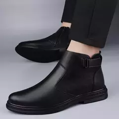 Botas de couro genuíno masculinas, botas de neve básicas masculinas, pele de pelúcia quente, calçado de plataforma antiderrapante, vestido formal, inverno - loja online
