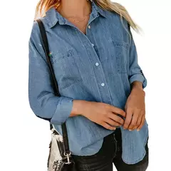 Camisa jeans feminina solta, bolso duplo, manga comprida, jaqueta casual versátil, primavera e outono, nova, 2024