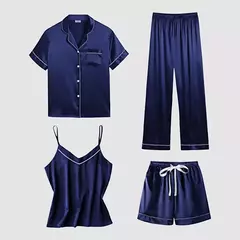 Conjunto pijama de seda de quatro peças para mulheres, cor sólida sexy, desgaste múltiplo, conjunto pijama casual, venda quente, novo, verão