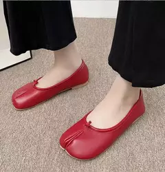 Imagem do Mocassins de couro aconchegantes estilo japonês para mulheres, sapatilha de bailarina feminina, casco dividido, ninja tabi flats, Mary Jeans, sapato mocasines