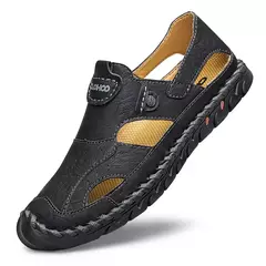 Tampão-sapatos de couro respirável para homens, sapatos de buraco oco, fundo macio, superfície macia, sandálias casuais - loja online