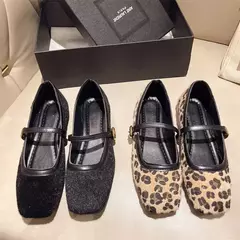 Sapatos casuais com estampa leopardo de toe quadrado para mulheres, sapatilhas femininas, sapatos Mary Jane ao ar livre, novo design