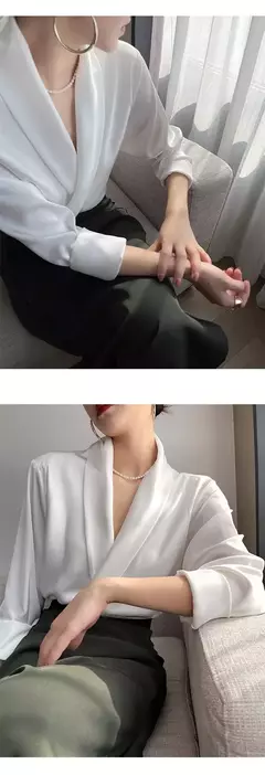 Blusa monocromática com decote em v feminina, manga comprida, tops irregulares, roupas de simplicidade e simplicidade, novo temperamento, outono - comprar online