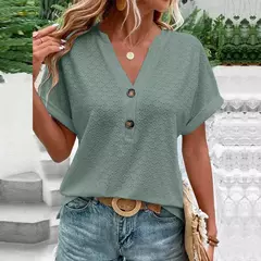 Blusa feminina com botão monocromático com decote em v, camisas soltas, manga curta, tops femininos grandes, blusa jacquard casual, verão, nova moda, 2023