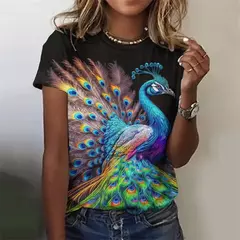 Lindo pavão padrão camiseta para mulheres flor colorida 3d impresso t camisas moda solta camisetas mangas curtas em torno do pescoço topos - Wolf Magazine